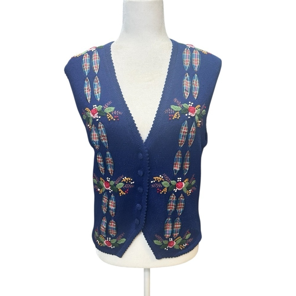 Susan Bristol Navy Cardigan with Floral Embroidered Accents